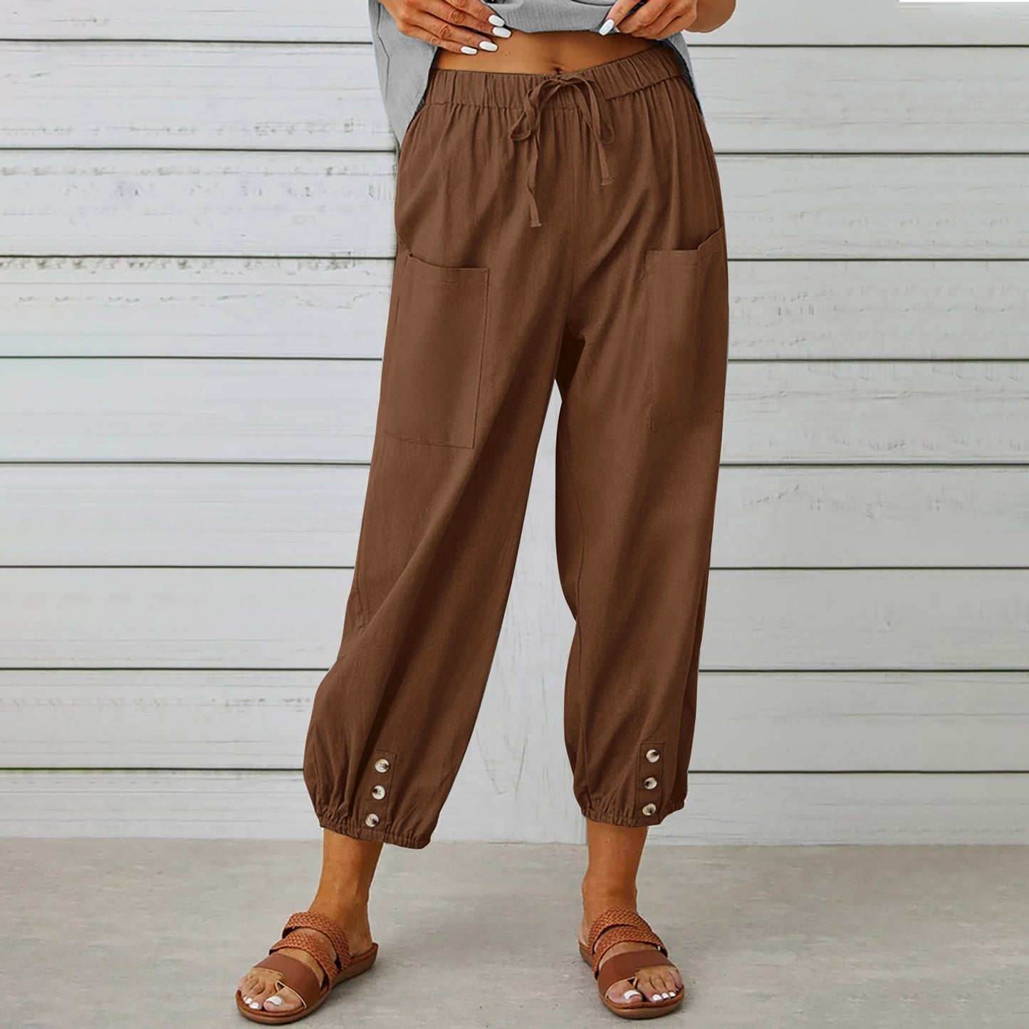 Women Drawstring Tie Pants Spring Summer Cotton And Linen Women dealsniper-net Brown 4XL