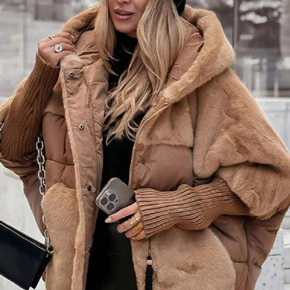 Women's Loose Cotton Coat Faux Fur Patchwork Winter Coat Women null Deep Khaki L