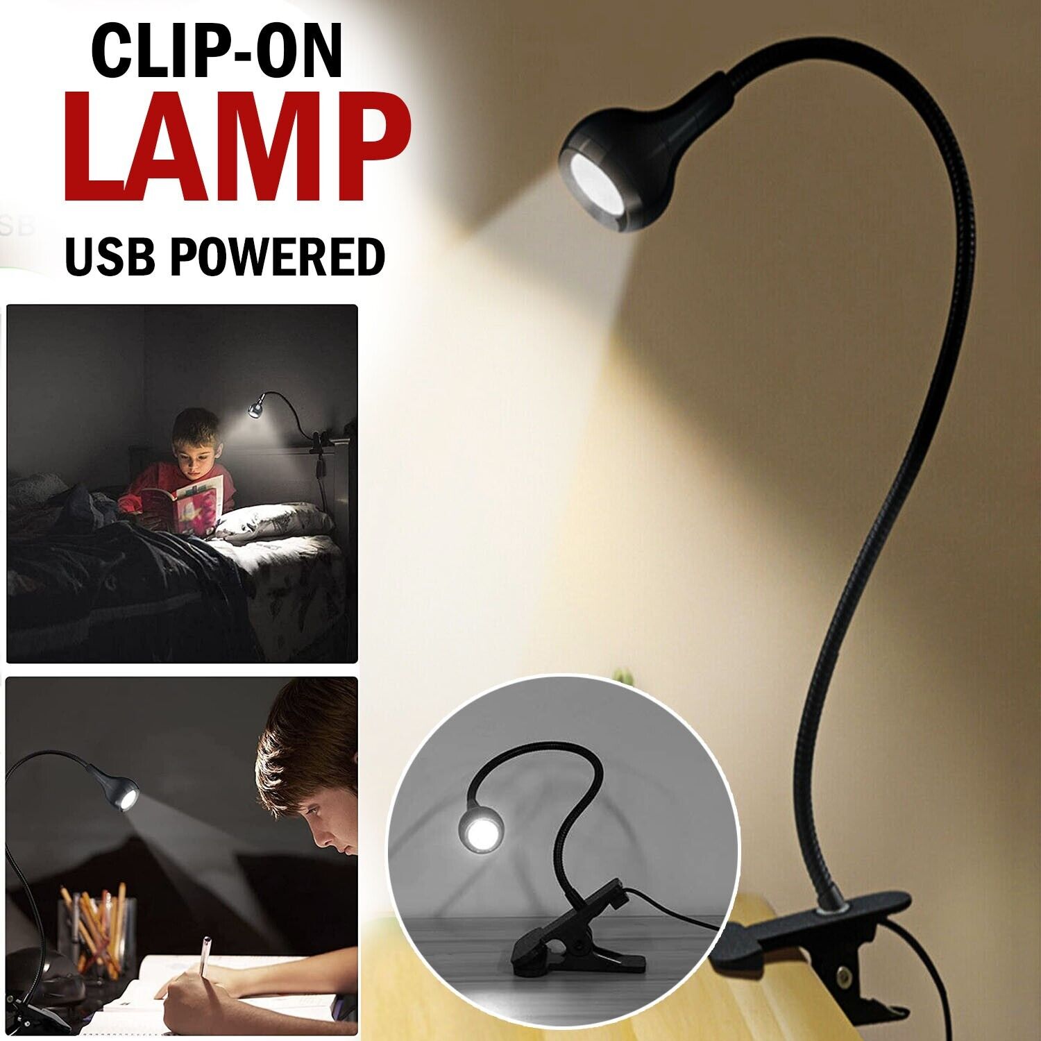 USB Clip-On LED Desk Lamp Flexible Reading Book Light Bedside Work Table Lamp Home dealsniper-net