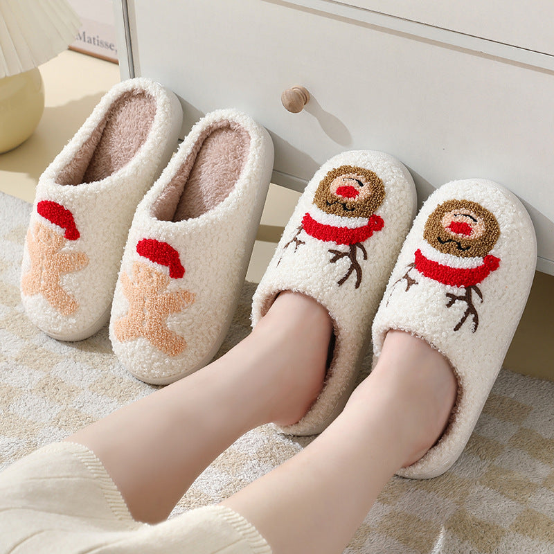 Christmas Home Slippers Cute Cartoon Santa Claus Cotton Slippers For Women And Men Couples Winter Warm Furry Shoes Women dealsniper-net