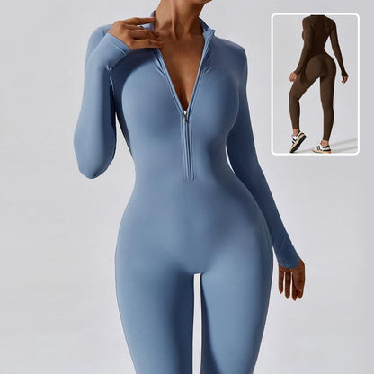 Zipper Long Sleeve Jumpsuit Yoga Fitness Training Pants