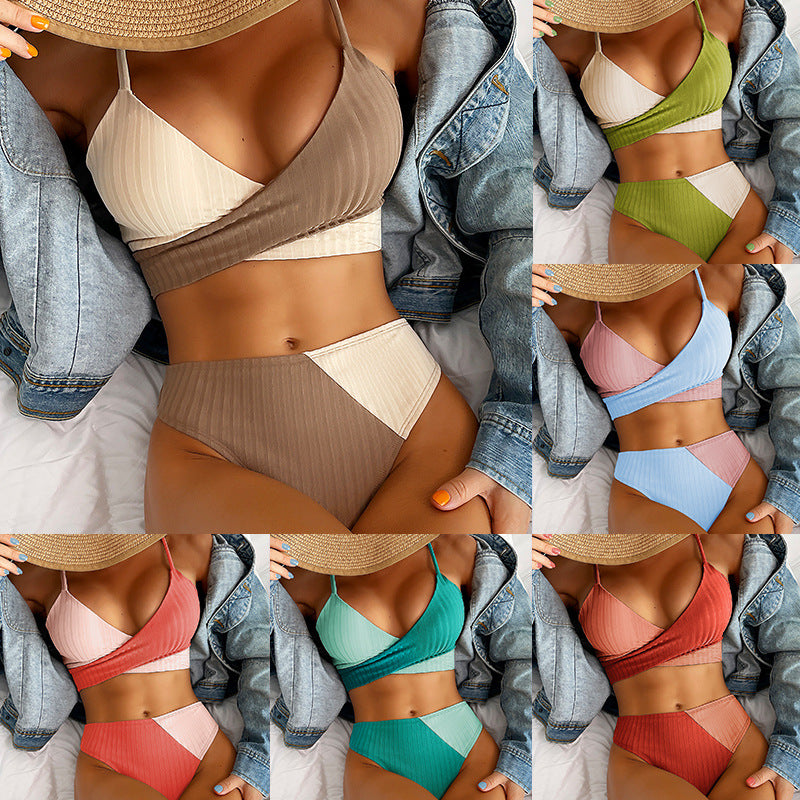 Bikini Patchwork Swimwear Ribbed Women's Swimsuit Women dealsniper-net