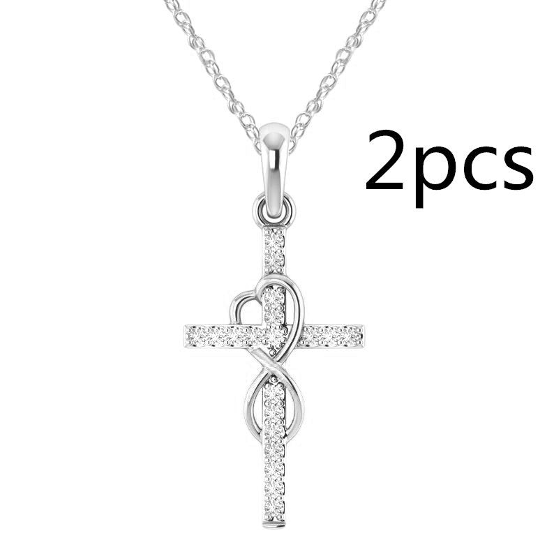 Alloy Pendant With Diamond And Eight-character Cross Necklace Jewelry dealsniper-net Silver 2PC