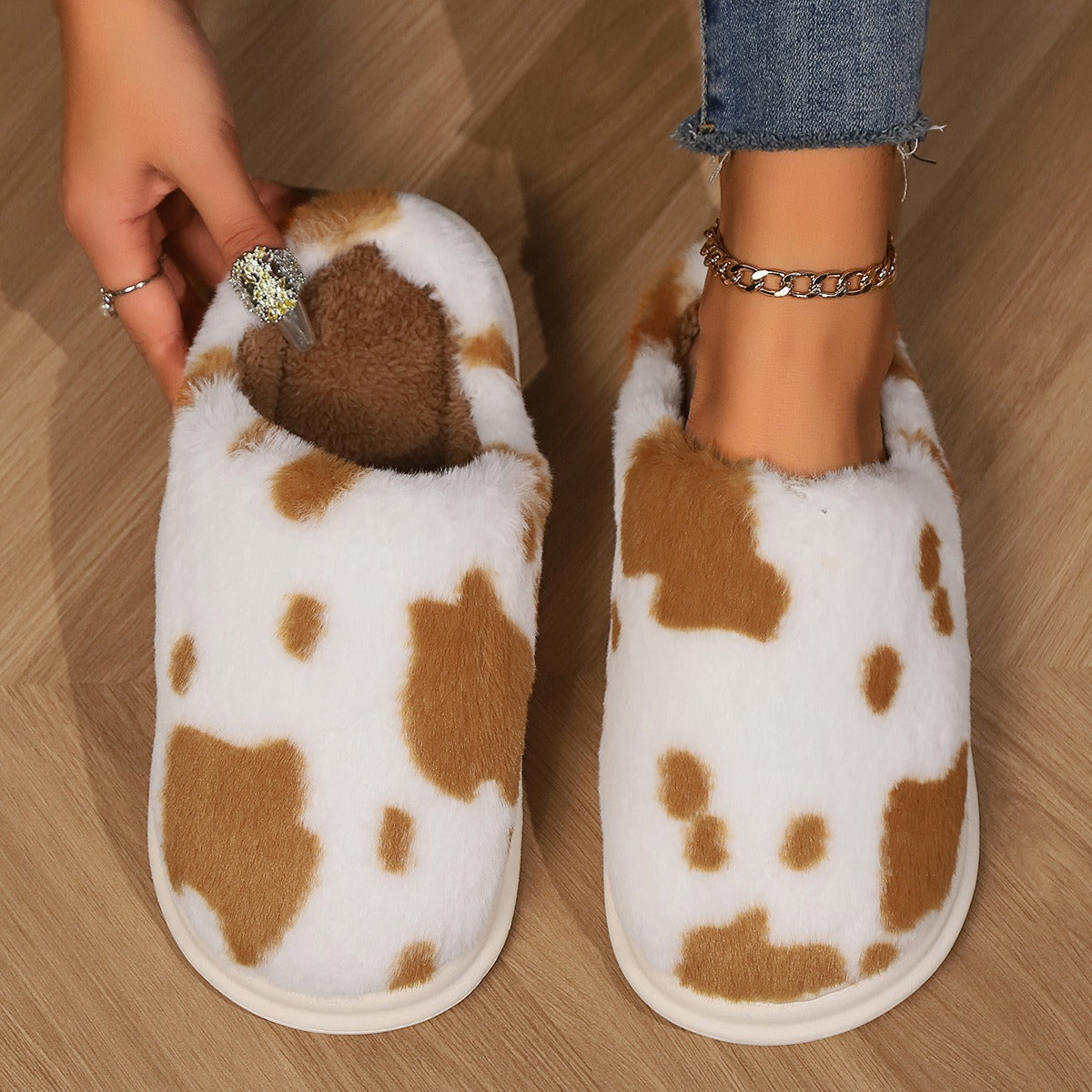 Cute Cow Spotted Plush Slippers Winter Warm Non-slip Women DealSniper.net Brown 36to37