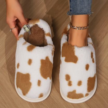 Cute Cow Spotted Plush Slippers Winter Warm Non-slip Women DealSniper.net Brown 36to37