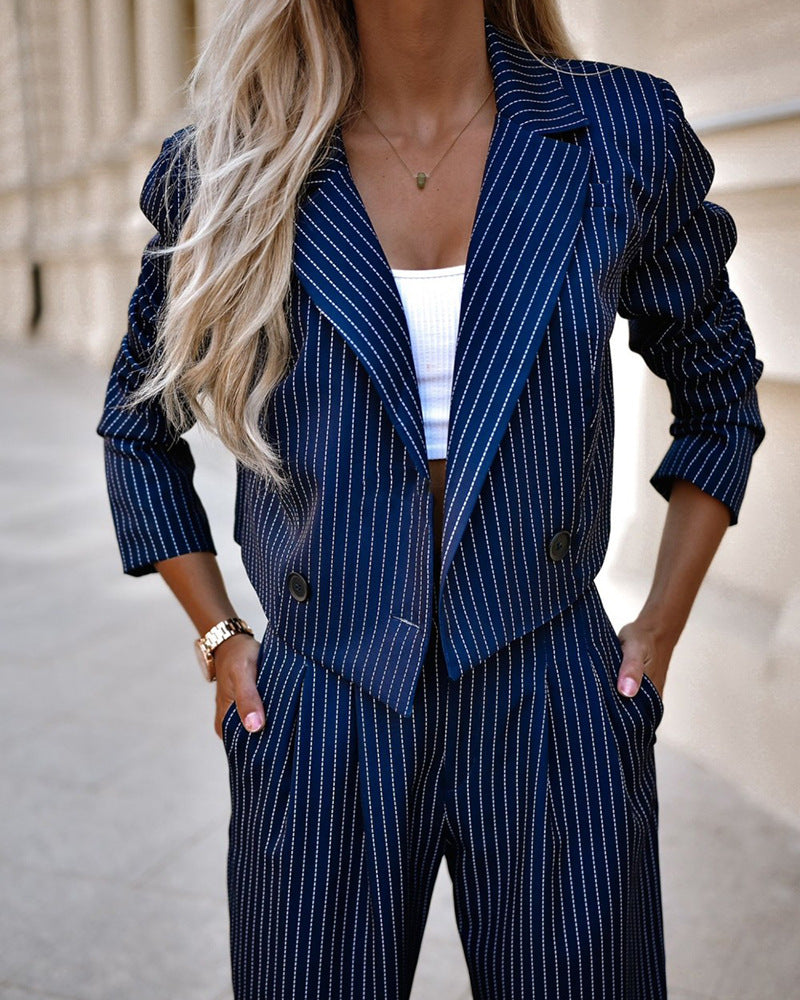 Casual Lapel Long Sleeve Cropped Top And Straight Pants