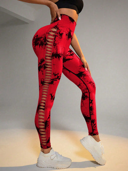 Hollow Tie Dye Printed Yoga Pants High Waist Butt Lift Women Gym From House Red L