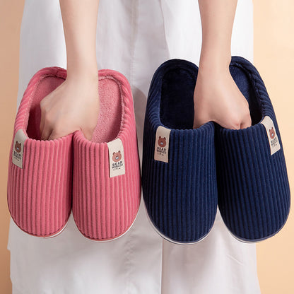 Solid Color Striped Slippers For Women Thick-soled Anti-slip Indoor Warm Plush Home Shoes Couple Women Men Slipper Winter Women dealsniper-net