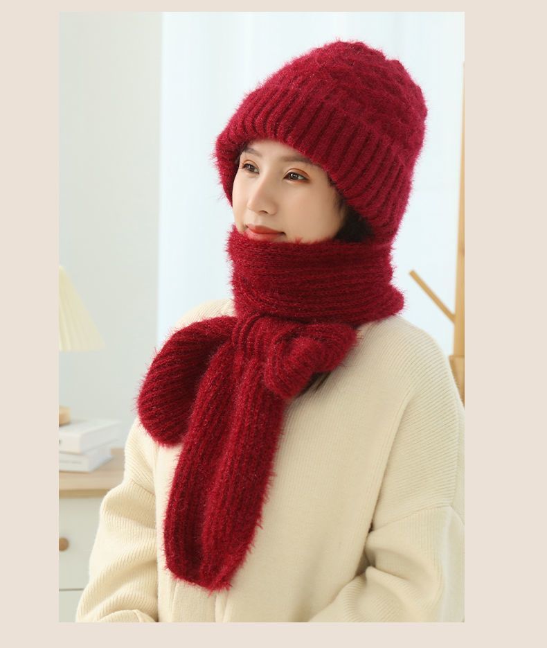 Women's Fleece-lined Scarf And Hat Winter Warm Knitted Hat Scarf Women dealsniper-net Wine Red