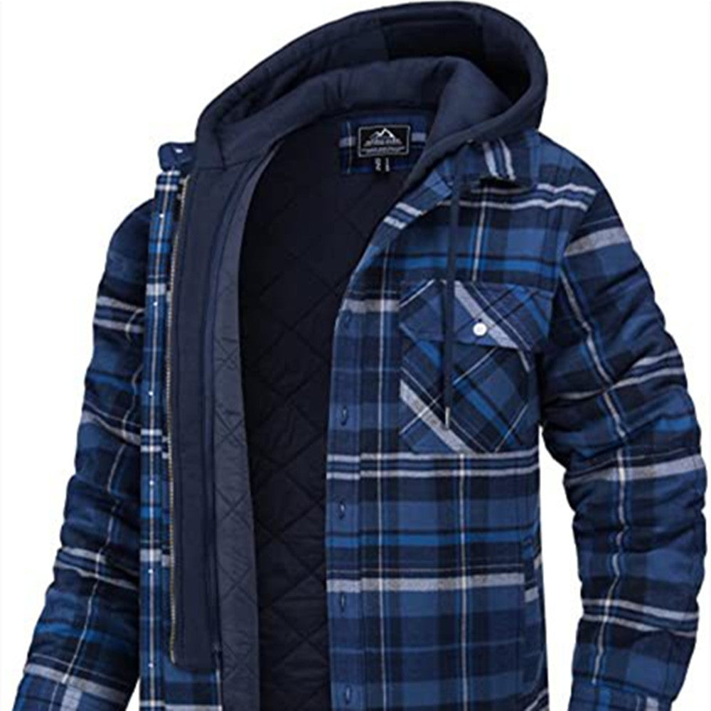 Men's Plaid Hooded Coat Winter Warm Button Zip-up Jacket Women null Navy Blue 2XL