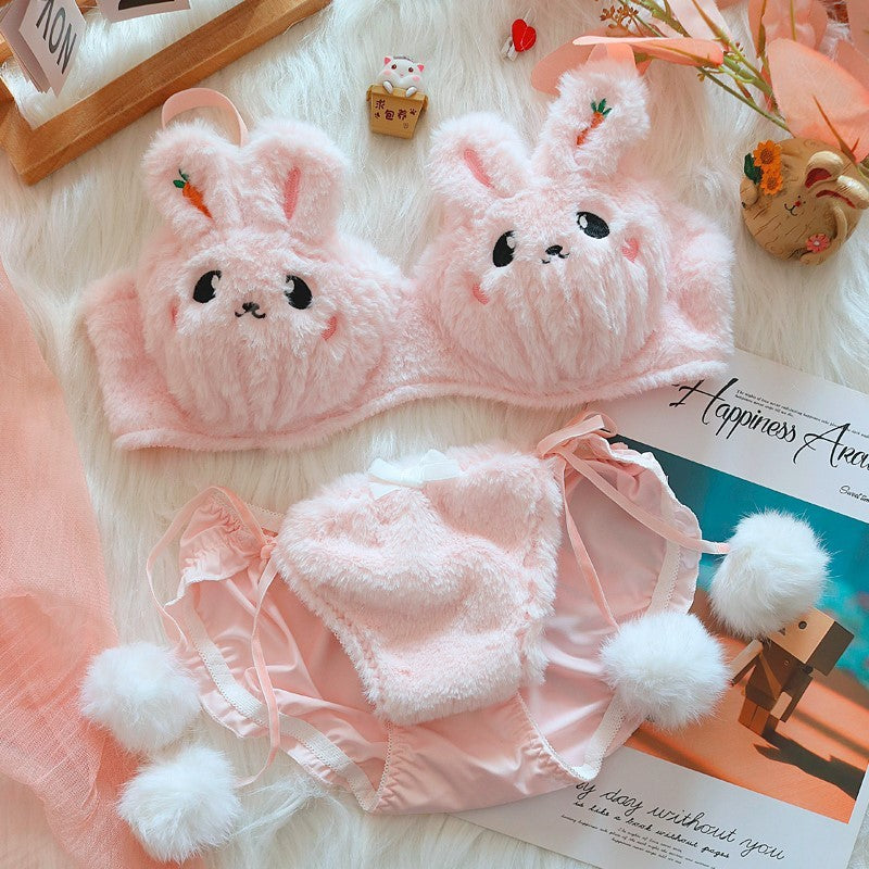 Moon Rabbit Girl Plush Bra Panties Set Kids DealSniper.net Pink Rabbit Hair Ball L