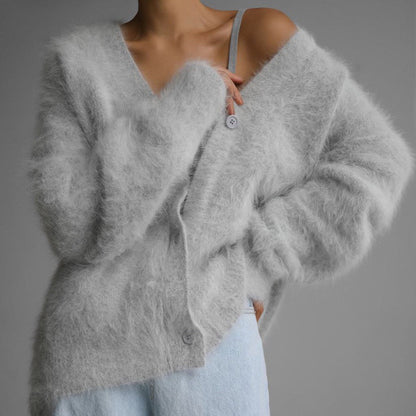 Loose V-neck Button Cardigan Fall Winter Fashion Clothing Women DealSniper.net Light Gray L