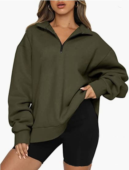 Women Sweatshirts Zip Turndown Collar Loose Casual Tops Clothes Women dealsniper-net Army green 3XL