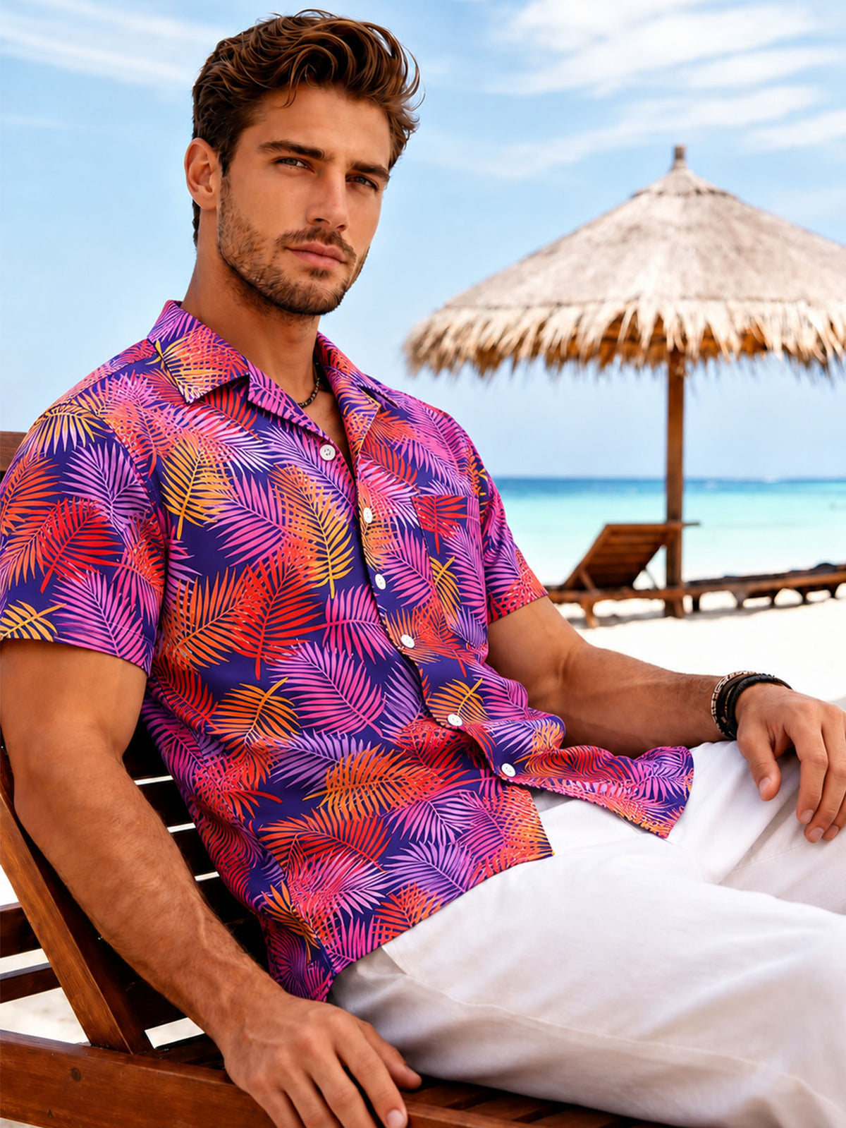 Trendy Men's Resort Wear All-Over Tropical Print Button-Up Shirt Men Gym From House Purple Leaves 2XL