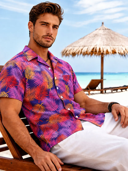 Trendy Men's Resort Wear All-Over Tropical Print Button-Up Shirt Men Gym From House Purple Leaves 2XL