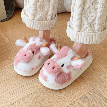 Cute Cartoon Cow Plush Slippers Winter Warm Indoor Shoes