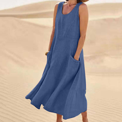 Summer Sleeveless Long Dress With Pockets Fashion Casual Women dealsniper-net Blue 2XL