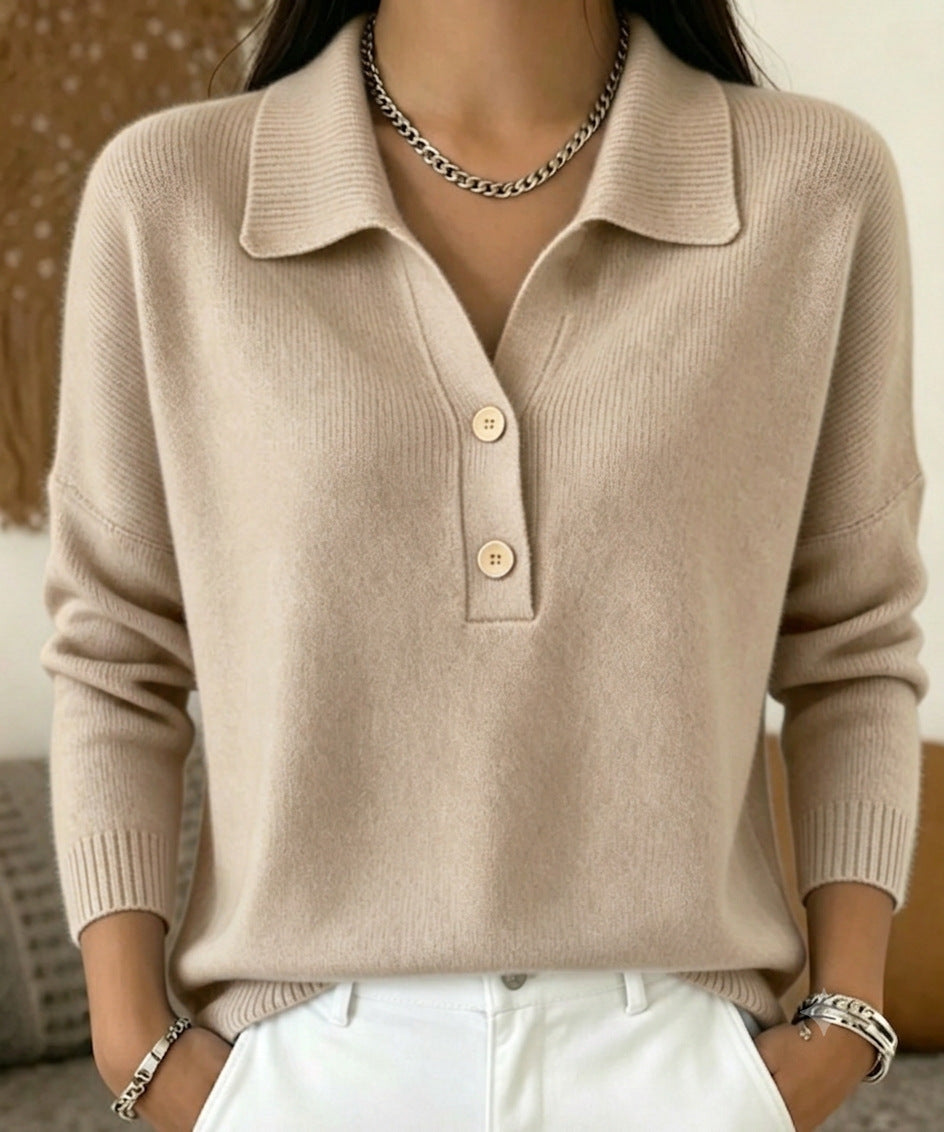 Women 's Polo Collar Knit Sweater Half Button V Neck Solid Color Women Gym From House Apricot 2XL