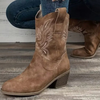 Fashion Chunky-heeled Pointed Toe Boots Winter Ethnic Style Women DealSniper.net Brown 36