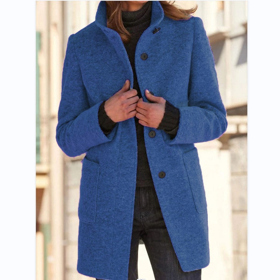 Fashion Stand Collar Woolen Coat With Pockets Fall Winter Women dealsniper-net