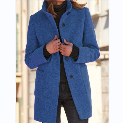 Fashion Stand Collar Woolen Coat With Pockets Fall Winter Women dealsniper-net