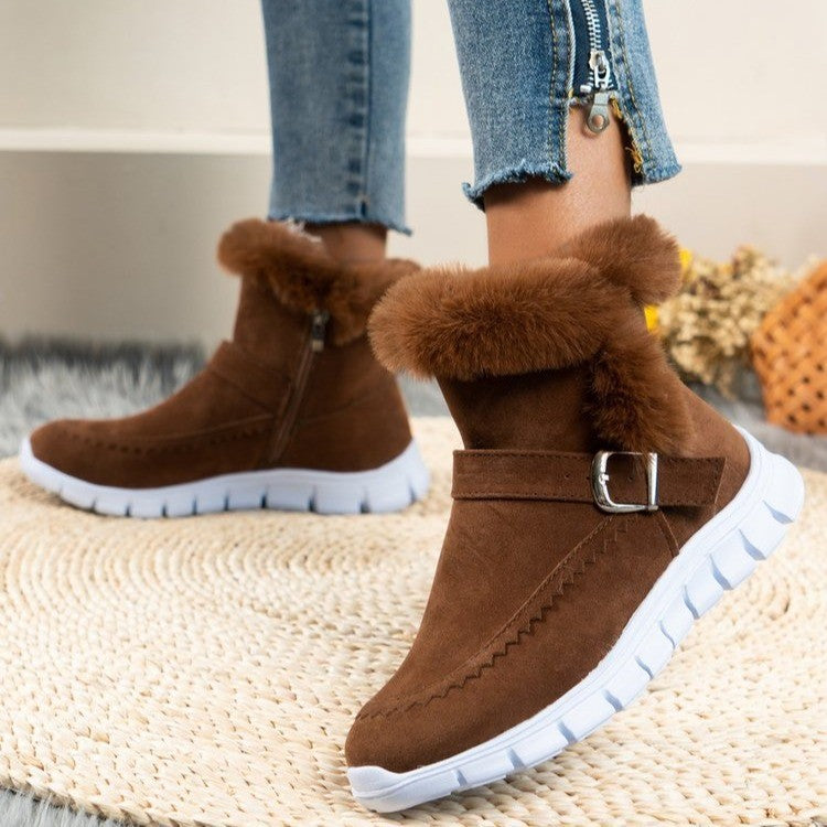 New Snow Boots Winter Warm Thickened Solid Color Plush Ankle Boots With Buckle Design Plus Velvet Flat Shoes For Women Women dealsniper-net Dark Brown Size35