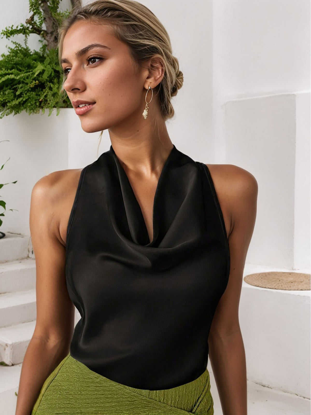 Women Solid Color Swing Collar Sleeveless Vest Trendy Women Gym From House Black L