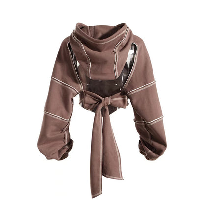 New Color Contrast Bright Line Short Hooded Sweater Women Gym From House Coffee L