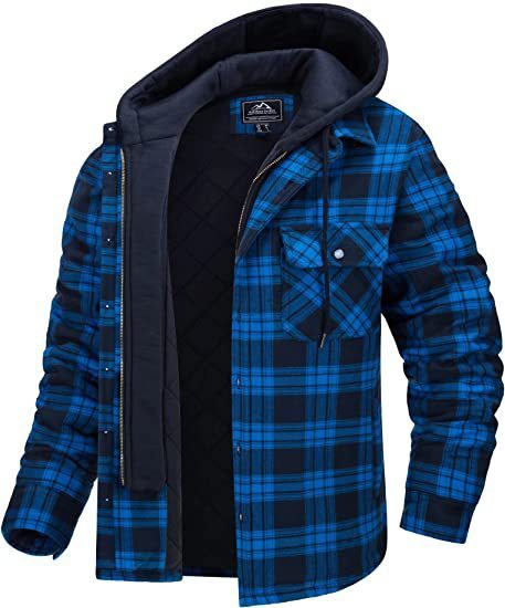 Men's Plaid Hooded Coat Winter Warm Button Zip-up Jacket Women null Royal blue 2XL