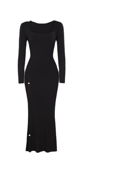 Round Neck Sleeved Slim Fitting Long Dress