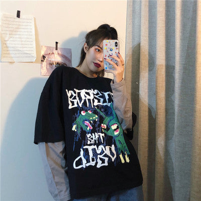 Spring sports fake two-piece hedging cartoon T-shirt women loose Women DealSniper.net Black L