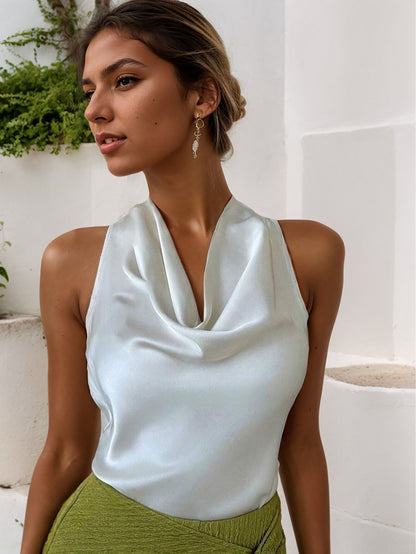 Women Solid Color Swing Collar Sleeveless Vest Trendy Women Gym From House White L