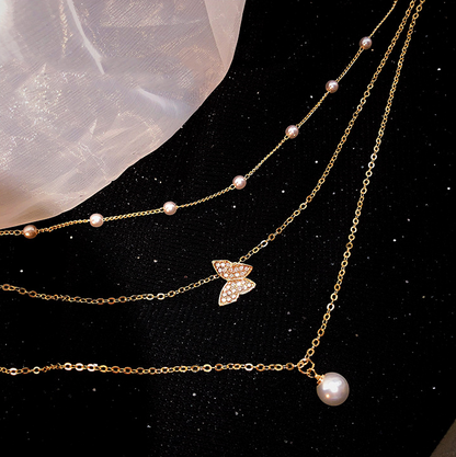 Multilayer Pearl Butterfly Necklace Jewelry dealsniper-net Gold