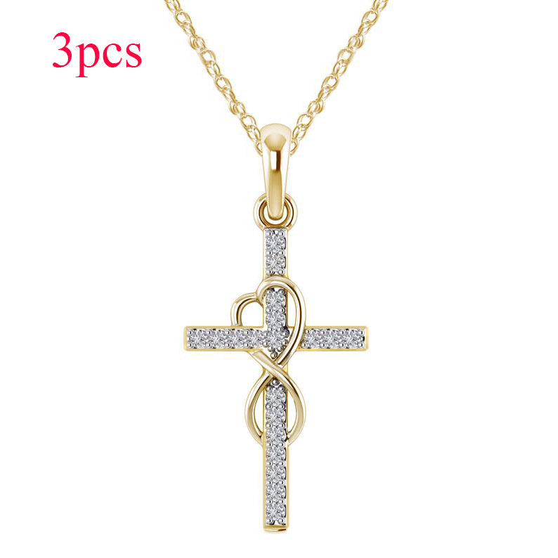 Alloy Pendant With Diamond And Eight-character Cross Necklace Jewelry dealsniper-net Gold 3PC