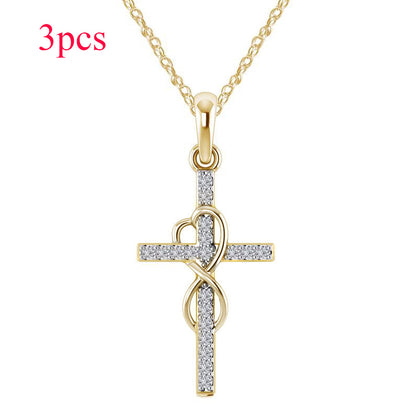 Alloy Pendant With Diamond And Eight-character Cross Necklace Jewelry dealsniper-net Gold 3PC