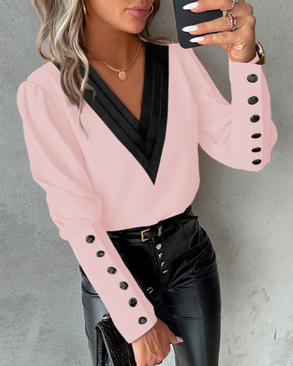 Fashion V-neck Long Sleeve Blouse With Button Design Women dealsniper-net Pink L