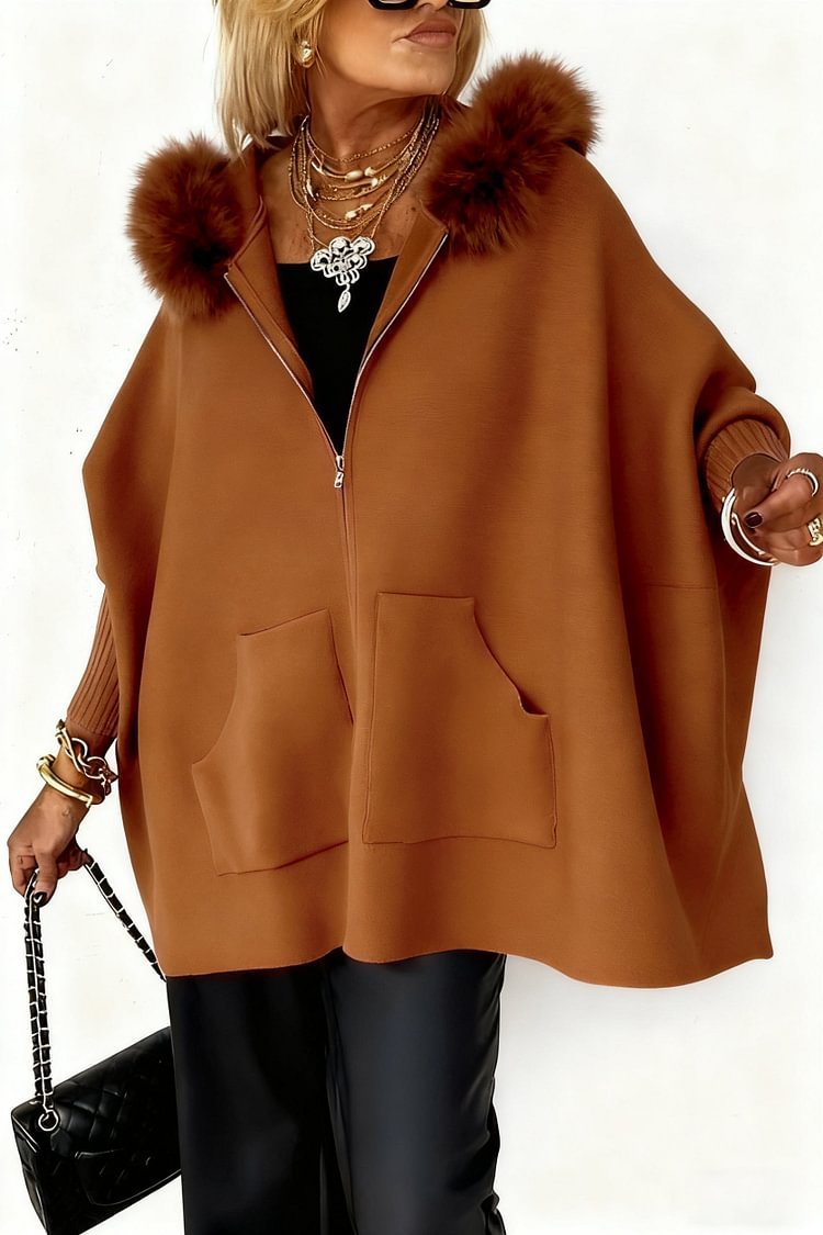 Ins Plush Hooded Cardigan Fashion Warm Pockets Zip-up Knitted Jacket Women null Brown L