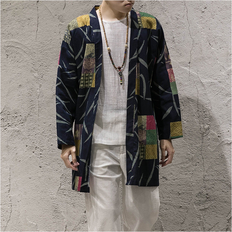 New autumn windbreaker men's long section Korean version of the buckleless cloak jacket male Chinese style cotton and linen Men dealsniper-net Lattice 3XL