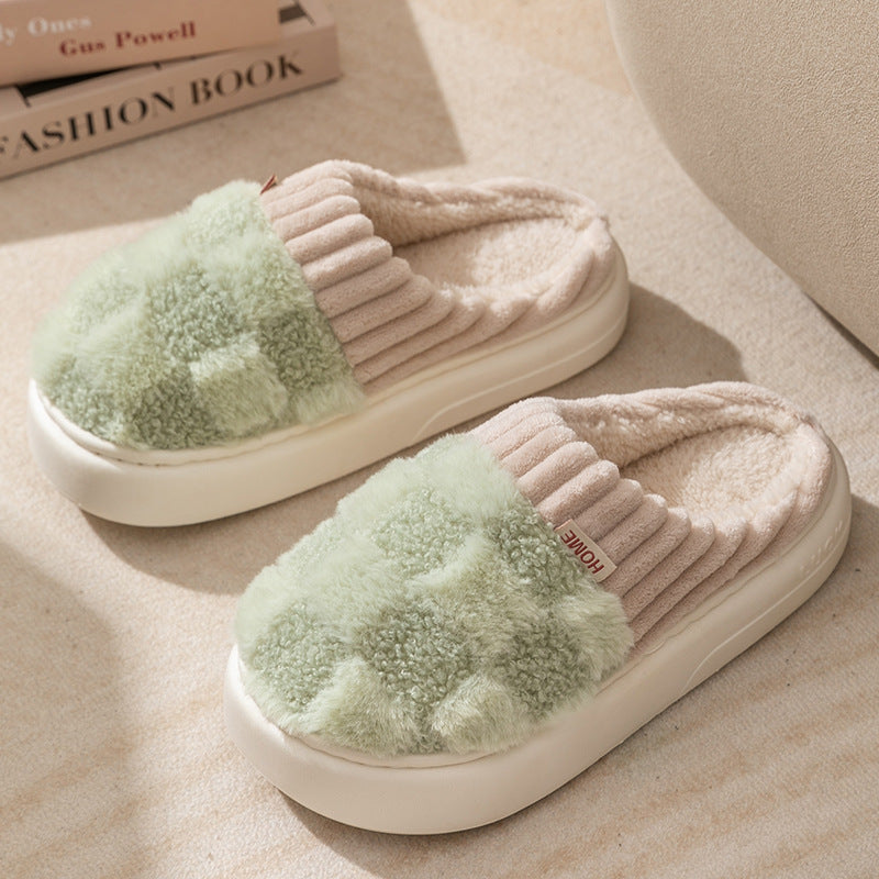 Plaid Plush Slippers Women's Indoor Plush Home Slippers Soft Sole Thick Non-Slip Warm House Shoes Couple Autumn And Winter Women DealSniper.net Green 36or37