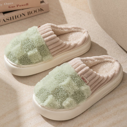 Plaid Plush Slippers Women's Indoor Plush Home Slippers Soft Sole Thick Non-Slip Warm House Shoes Couple Autumn And Winter Women DealSniper.net Green 36or37