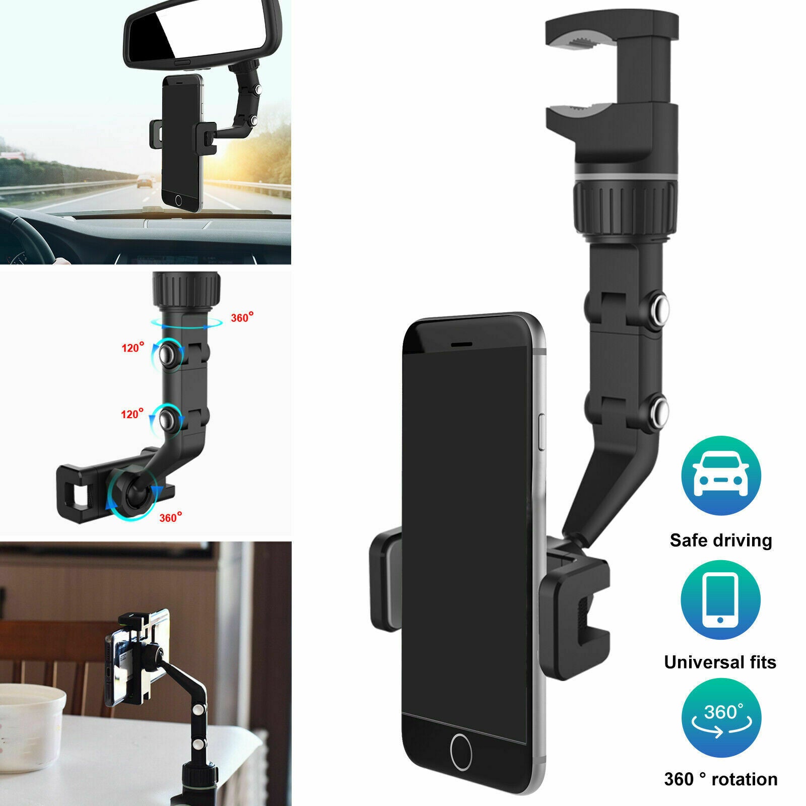 Universal 360 Rotation Car Rear View Mirror Mount Stand GPS Cell Phone Holder US Phones DealSniper.net