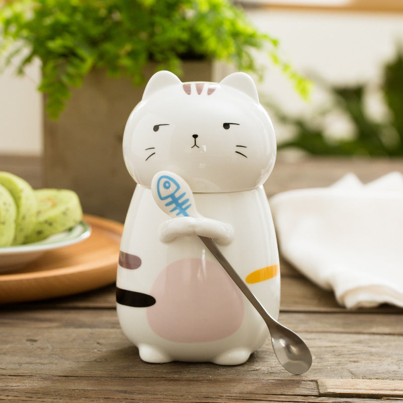 Cute Cat Coffee Mug Cup With Spoon Creative Hand Painted Gifts Holidays dealsniper-net Pink