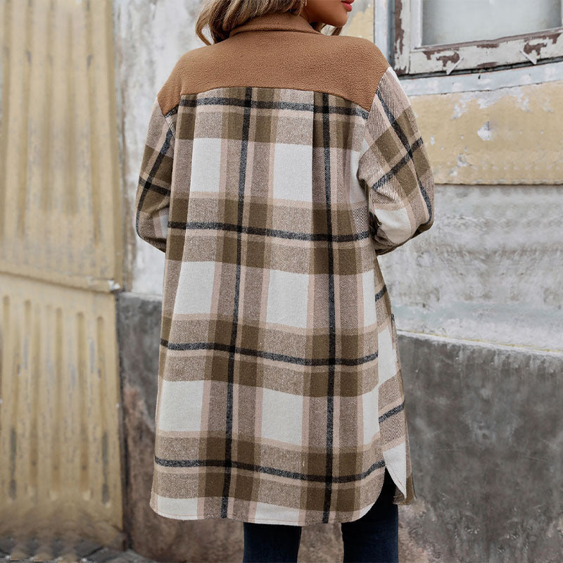 New Brushed Plaid Long Coat With Pockets Fashion Winter Jacket Women dealsniper-net