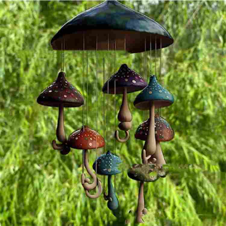 Mushroom Wind Chimes Colorful Handmade Resin Art Decoration Home Decor DealSniper.net 7 Colored Mushrooms