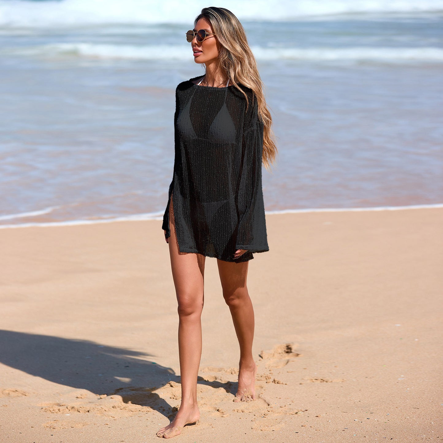 Luminous Hollow-out Woven Beach Cover-up Snowflake Embellished Women Gym From House Black One Size