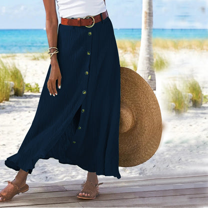 Women's Fashion Cotton Linen A-Line Hip Mid Waist Long Skirt Women dealsniper-net Navy Blue 2XL