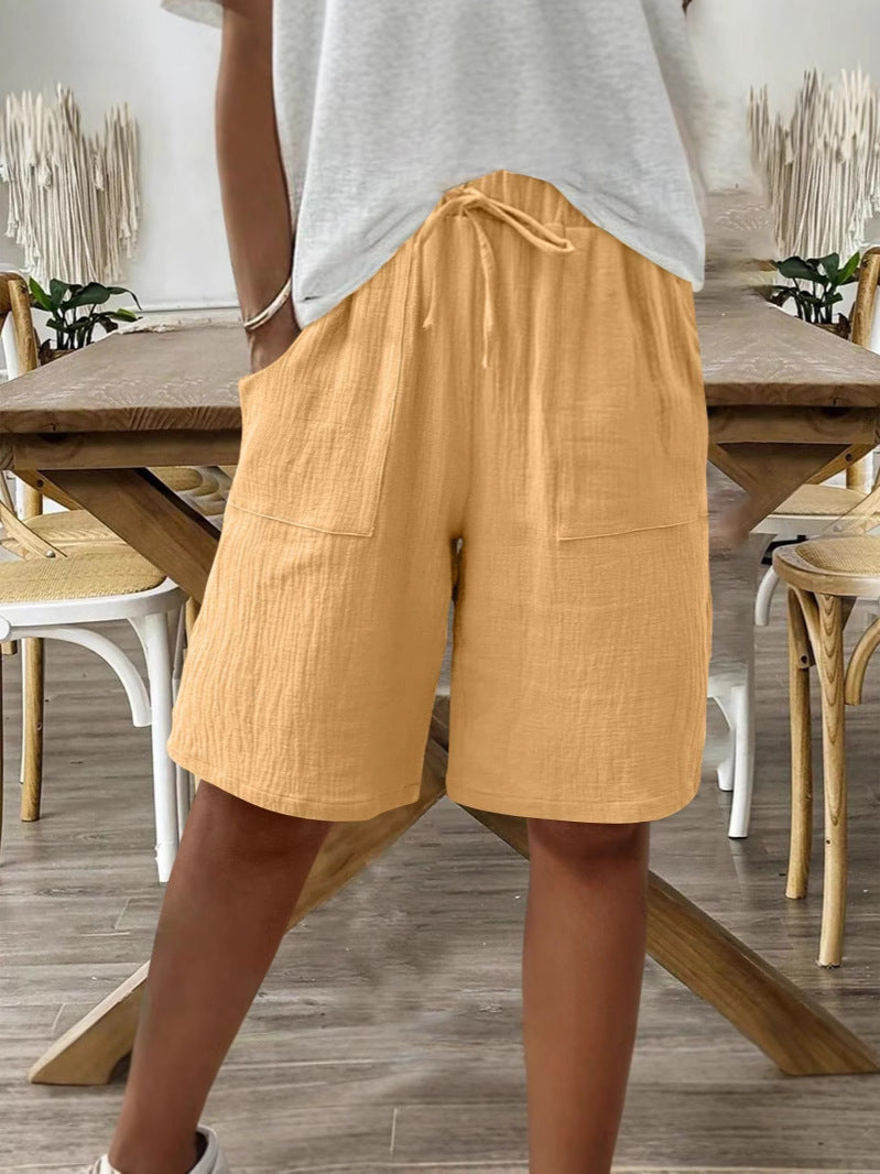 Linen Cotton Shorts, Solid Color Casual Shorts Tie Detail Shorts Women DealSniper.net