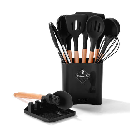 Kitchen Wooden Handle Kitchenware Set With Storage Square Bucket Kitchen DealSniper.net Black