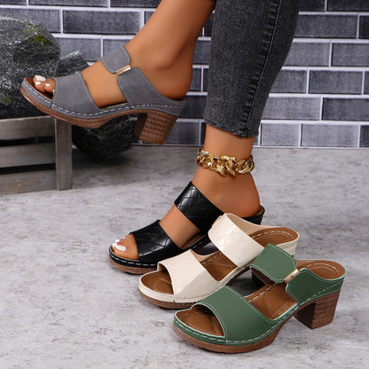 Chunky Heel Sandals Summer Round Toe Plaid Slides Slippers Women DealSniper.net