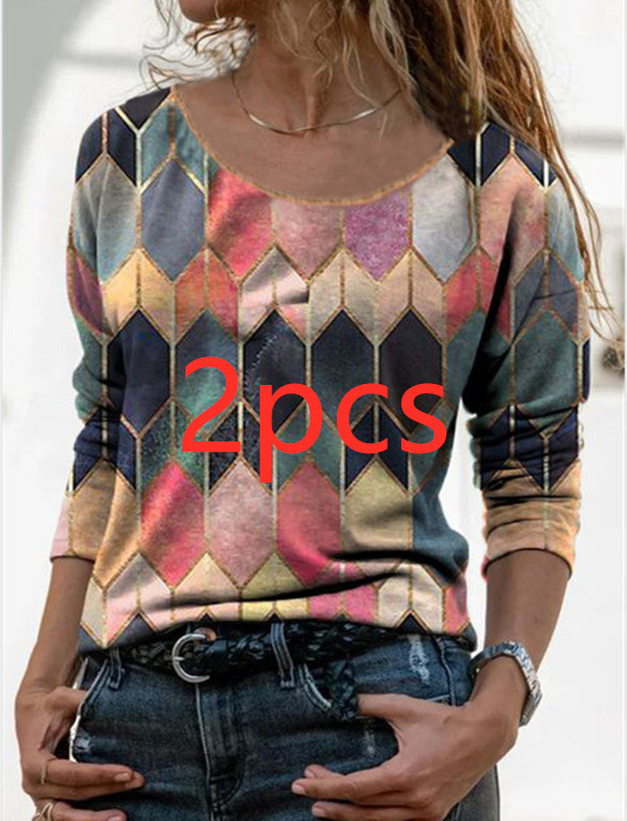 Long sleeve retro geometric print casual top T-shirt Women dealsniper-net Red2pcs 3XL